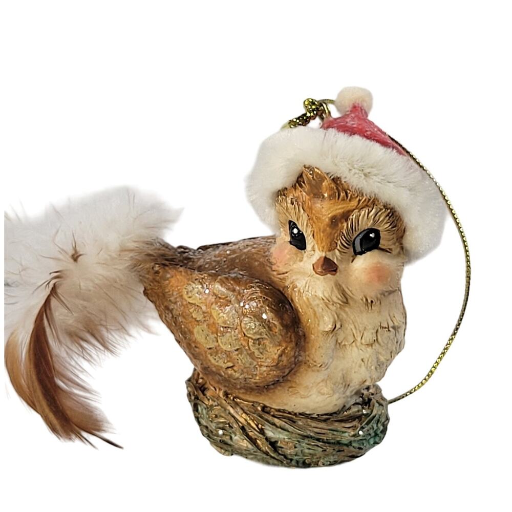 Vintage Christmas Bird Ornament with Santa Hat and Feather Tail - 3" Tall